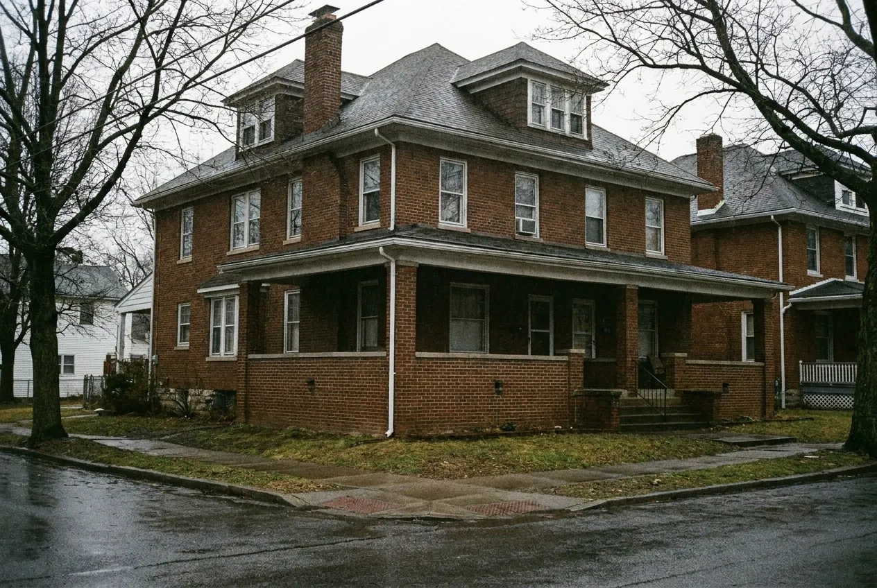 An older brick twin home with a covered porch in Hanover, PA