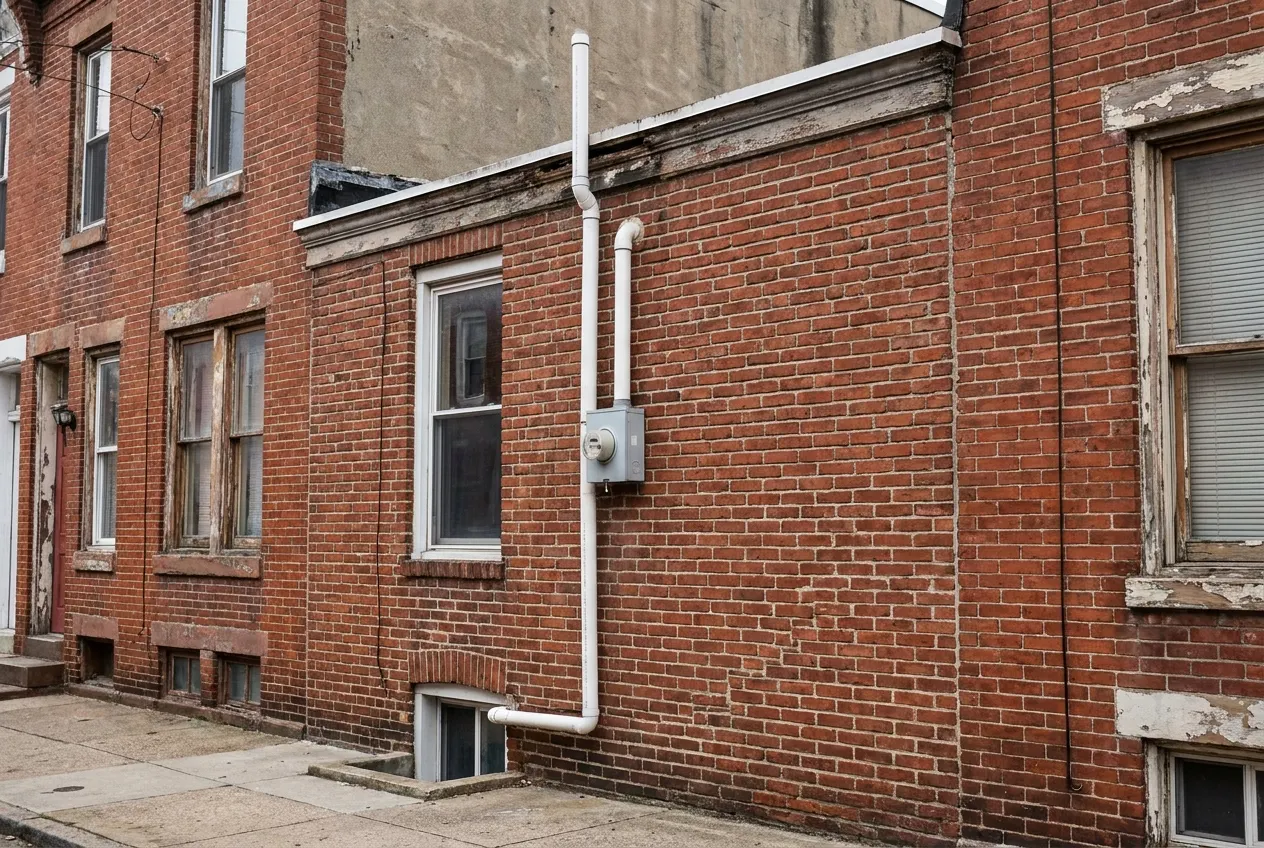 A white PVC radon vent pipe and exterior fan running up the side of a red brick rowhome in York City, PA