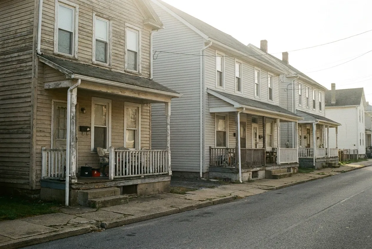 A row of modest two-story frame houses close to the sidewalk in Red Lion, PA
