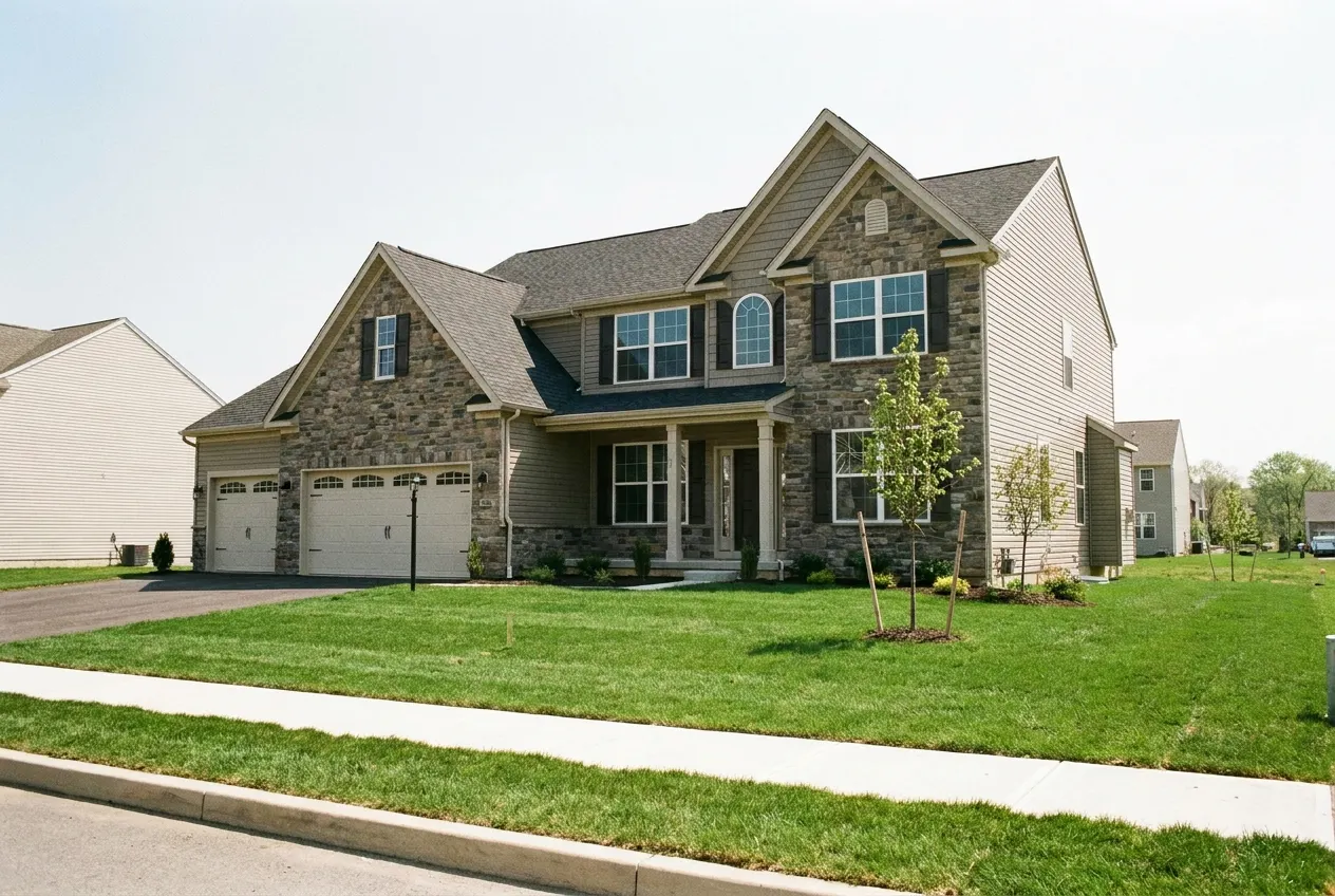 A newer-construction two-story suburban home with a stone-and-siding facade in West Manchester Township, PA